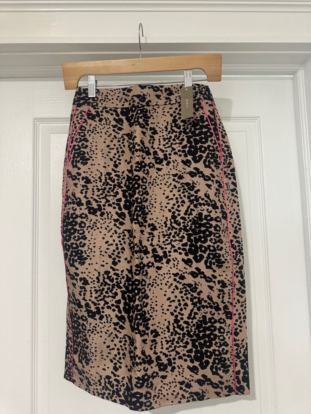 J. Crew Beige and Black Animal-Print Pencil Skirt with Pink Piping